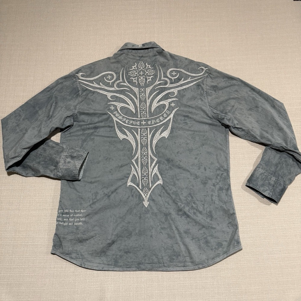 Roar Embroidered Cross Grunge Y2k Button Up Shirt Mens 2XL Distressed Western - Picture 2 of 10